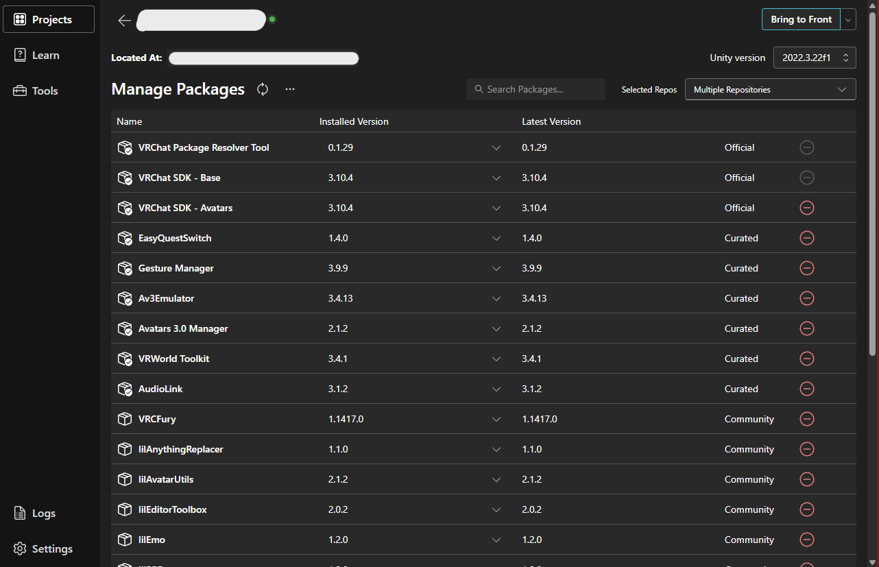 Los packages, texturas y shaders añadidos al proyecto